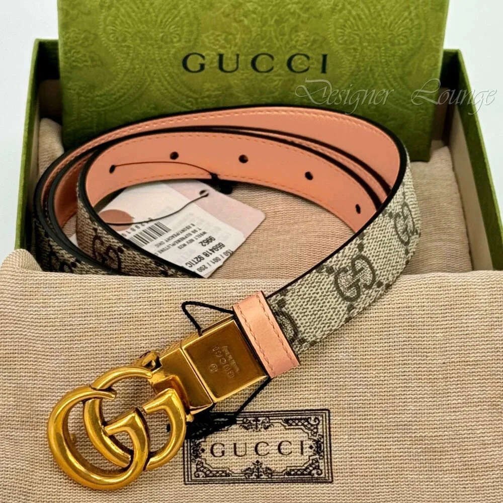 NEW GUCCI GG Supreme Canvas Peach Leather Marmont Reversible Belt Size 90 / 36